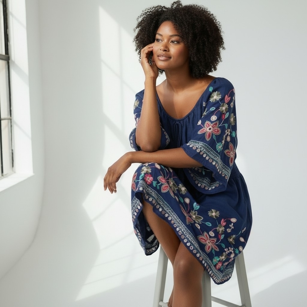 Floral Embroidered Navy Dress Lined Bell Sleeve Botanical Garden Girl XL
